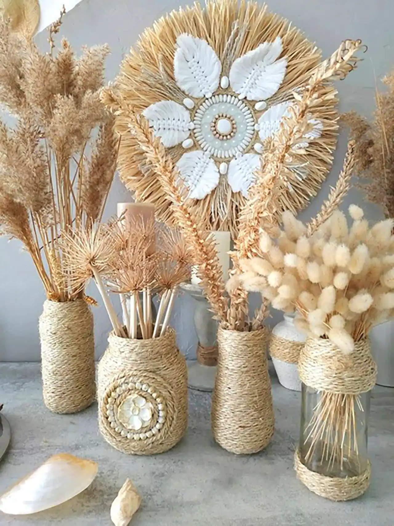 مدل گلدان دکوری با نخ کنفی